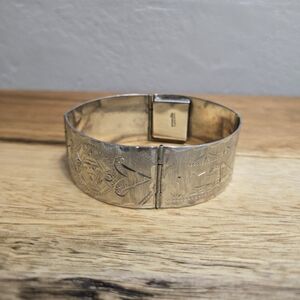 VTG Mexico Hand Chased Aztec Panel Bracelet 925 Sterling Silver 35 grams